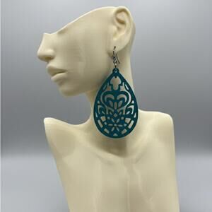 Teal Blue Laser Cut Teardrop Earrings 2in